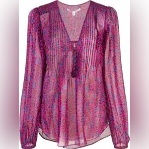 Veronica Beard Floral Pleated V-neck Feminine Silk‎ Blouse Romantic Sheer Dainty